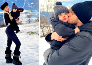 Clizia Incorvaia e Paolo Ciavarro con Gabriele sulla neve