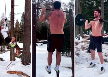 Ignazio Moser si allena a torso nudo sulla neve
