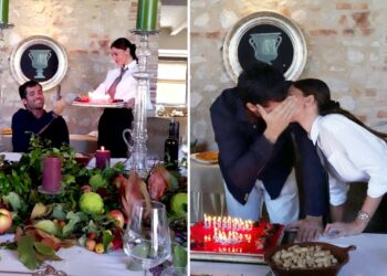 Belen Rodriguez festeggia il compleanno del nuovo fidanzato Elio Lorenzoni: innamorata persa, gli porta lei la torta