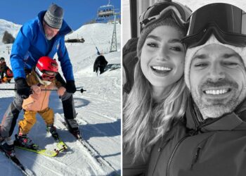 Luca Argentero porta per la prima volta i figli in montagna, Nina impara a sciare con il nonno maestro di sci: guarda