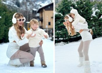Clizia Incorvaia sulla neve a Courmayeur con il figlio Gabriele Ciavarro