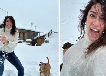 Elisa Isoardi felice tra la neve del suo Piemonte