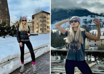 Martina Stella in montagna a Cortina D'Ampezzo con i figli