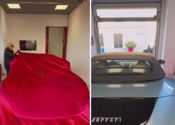 Fedez ritira la sua nuova costosissima auto: le immagini del rapper con la Ferrari Roma da 250.000 euro configurata dal papà