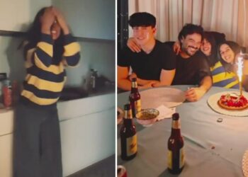 La reazione di gioia di Ambra Angiolini per la festa a sorpresa organizzata dall'ex Francesco Renga e dai figli