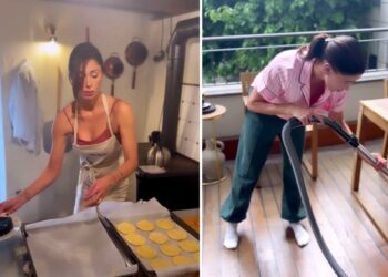 Belen Rodriguez è una casalinga perfetta tra cucina e pulizie