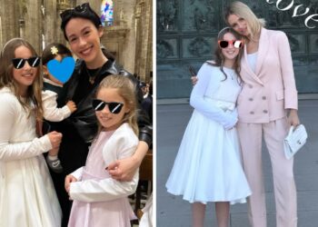 Michelle Hunziker in Duomo a Milano per la cresima della figlia Sole: i look sono coordinati sul pastello, c'è anche Aury Ramazzotti