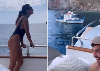 Elisabetta Canalis alle Eolie contratta il prezzo del pesce con il pescatore