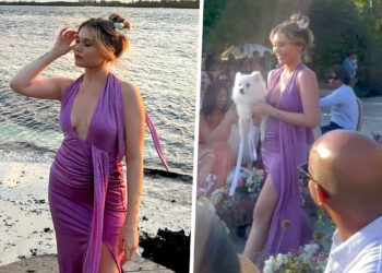 Jasmine Carrisi elegante e scollatissima in viola in Africa per le nozze della sorella, dove ha fatto la damigella d'onore: foto