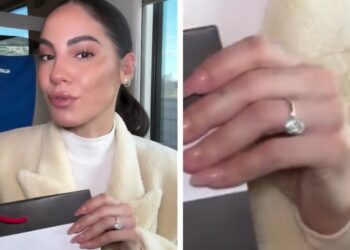 Giulia De Lellis sfoggia l'anello con enorme diamante in oro bianco 18 carati da decine di migliaia di euro che le ha regalato il fidanzato Tony Effe: guarda