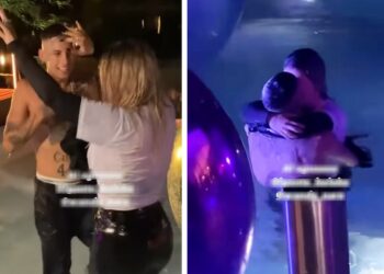 Wanda Nara e il fidanzato con 14 anni meno di lei, L-Gante, si baciano davanti ai figli e si buttano avvinghiati in piscina al party: guarda