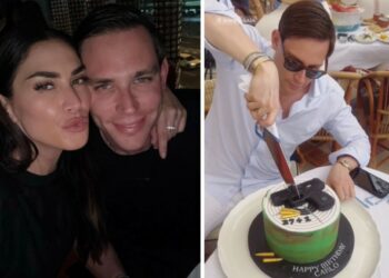 Melissa Satta e Carlo Beretta festeggiano a Dubai il compleanno di lui: torta a ''tema'' con pistola e proiettili, foto
