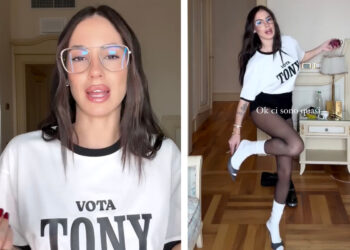 Giulia De Lellis si mostra con la t-shirt personalizzata per supportare Tony Effe a Sanremo: guarda