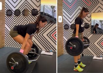 Melissa Satta si allena in palestra con i bilancieri