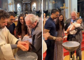 Fabrizio Corona e Sara Barbieri battezzano il figlio Thiago a Milano: ecco chi è il padrino, le immagini