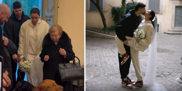 Valentina Vignali e Fabio Stefanini si sono sposati in comune a Pesaro: guarda la sposa in tuta e sneakers