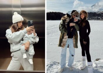 Andrea Damante e Elisa Visari in montagna con il piccolo Liam